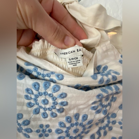 American Eagle Shoulder Tie Maxi Dress. Cream with Blue Details. Size Small. - Picture 9 of 9